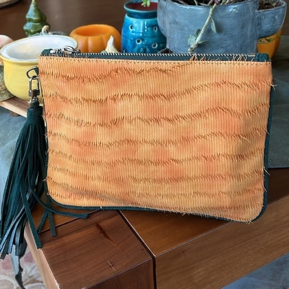 Orange suede green leather pouch